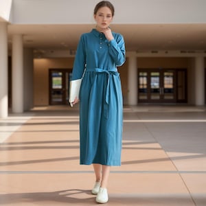 Long Sleeves Dress Cotton Shirt Dress Midi Dress Customized Dress Pockets Dress Plus Dress Linen Spring Fall Dress Casual Loose Soft Robes