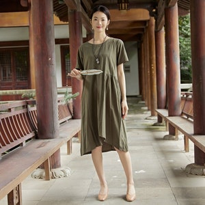Women Summer Dress Cotton Dress Customized Dress Short Sleeves Dress Midi Dress Plus Size Dress Soft Dress Linen Loose Dress Tunics