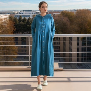 Hooded Dress Long Sleeves Dress Cotton Shirt Dress Midi Dress Customized Pockets Dress Plus Dress Linen Spring Fall Dress Loose Soft Robes
