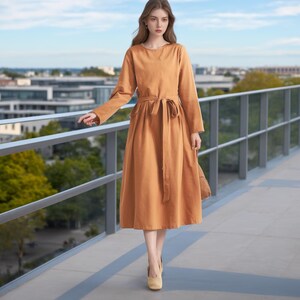 Long Sleeves Dress Cotton Dress Midi Dress Customized Dress Pockets Dress Plus Dress Linen Spring Fall Dress Casual Loose Soft Robes Tunics