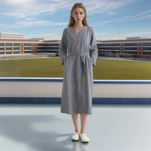 Long Sleeves Dress Cotton Dress Midi Dress Customized Pockets Dress Plus Dress Linen Spring Fall Dress Casual Loose Soft Robes Tunics V-neck