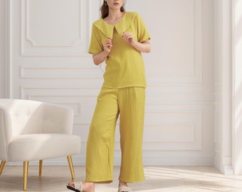Summer Pure Natural Cotton Sleepwear Double gauze Organic Cotton Pajamas Set Loungewear Casual Loose Homewear Soft Nightwear Tailored Plus
