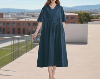 Women Summer Dress Cotton Dress Casual Loose Half Sleeves Midi Dress Custom Plus Size Dress Loose V-neck Dress Soft Loungewear Homewear