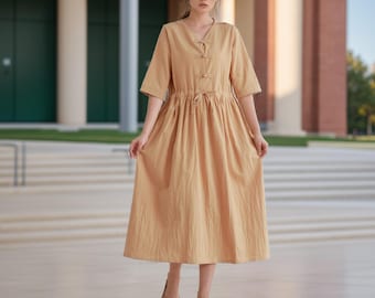 Women Summer Dress Cotton Dress Casual Loose Half Sleeves Midi Dress Custom Plus Size Dress Loose V-neck Dress Soft Loungewear Homewear