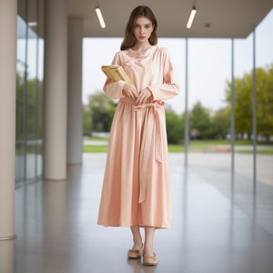 Long Sleeves Dress Cotton Dress Midi Dress Customized Dress Pockets Dress Plus Dress Linen Spring Fall Dress Casual Loose Soft Robes Tunics
