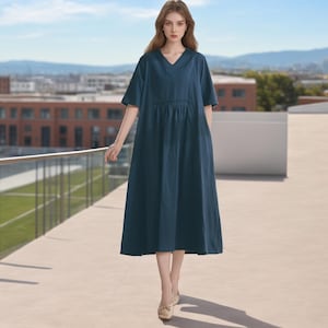 Women Summer Dress Cotton Dress Casual Loose Half Sleeves Midi Dress Custom Plus Size Dress Linen V-neck Dress Soft Loungewear Homewear