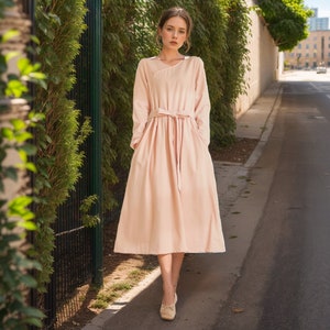 Long Sleeves Dress Cotton Dress Midi Dress Customized Dress Pockets Dress Plus Dress Linen Spring Fall Dress Casual Loose Soft Robes Tunics