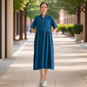 Women Summer Dress Cotton Dress Customized Dress Short Sleeves Dress Midi Dress Plus Size Dress Soft Dress Linen V-neck Tunics