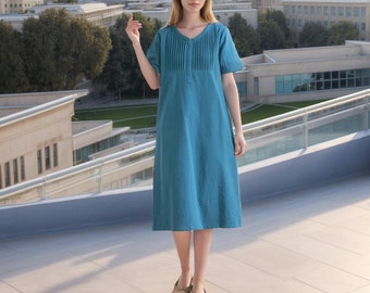 Women Summer Dress Cotton Dress Customized Dress Short Sleeves Dress Midi Dress Plus Size Dress Soft Dress Loose A-line Dress V-neck Dress