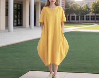 Women Summer Dress Cotton Dress Casual Loose Half Sleeves Midi Dress Custom Plus Size Dress Loose V-neck Dress Soft Loungewear Homewear