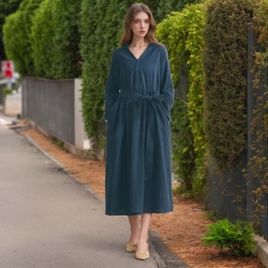 Long Sleeves Dress V-neck Cotton Dress Midi Dress Customized Dress Pockets Dress Plus Dress Linen Spring Fall Dress Loose Soft Robes Tunics