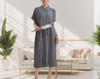 Summer Plaid Muslin Dress Natural Cotton Dress Organic Gauze Dress Short sleeves Midi Shirt Dress Soft Losse Homewear Tailored Plus Dresses