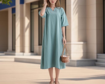 Women Summer Dress Cotton Dress Casual Loose Half Sleeves Midi Dress Custom Plus Size Dress Loose V-neck Dress Soft Loungewear Homewear