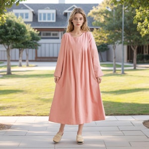 Long Sleeves Dress Cotton Dress Maxi Dress Customized Dress Pockets Dress Plus Dress Linen Spring Fall Dress Casual Loose Soft Robes Tunics