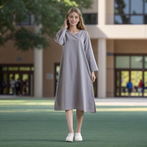 Long Sleeves Dress Cotton Dress Midi Dress Customized Dress Pockets Dress Plus Dress Linen Spring Fall Dress Casual Loose Soft A-line Robes