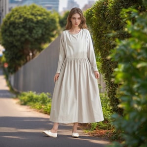 Long Sleeves Dress Cotton Dress Maxi Dress Customized Dress Pockets Dress Plus Dress Linen Spring Fall Dress Casual Loose Soft Robes Tunics
