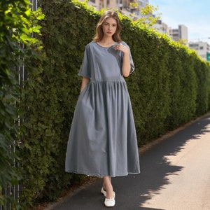 Women Summer Dress Cotton Dress Customized Dress Short Sleeves Dress Midi Dress Plus Size Dress Soft Dress Linen Ties Tunics Dress
