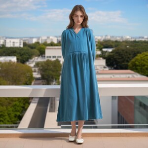 Long Sleeves Dress Cotton Dress Midi Dress Customized Dress Pockets Dress Plus Dress Linen Spring Fall Dress Casual Loose Soft V-neck Robes