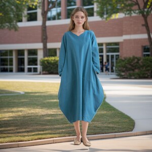 Long Sleeves Dress Cotton Dress Midi Dress Customized Dress Pockets Dress Plus Dress Linen Spring Fall Dress Casual Loose Soft Robes Tunics