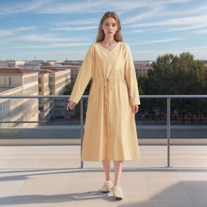 Long Sleeves Dress Cotton Dress Midi Dress Customized Dress Pockets Dress Plus Dress Linen Spring Fall Dress Casual Loose Soft Robes Tunics