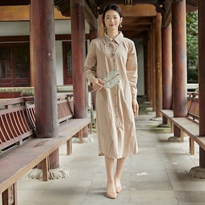 Women Long Sleeves Cotton Dress Maxi Dress Ankle Dress Customized Dress Pockets Dress Plus Size Dress Linen