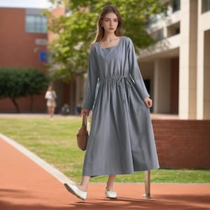 Long Sleeves Dress Cotton Dress Midi Dress Customized Dress Pockets Dress Plus Dress Linen Spring Fall Dress Casual Loose Soft Robes Tunics