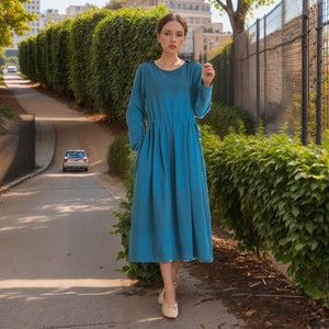 Long Sleeves Dress Cotton Dress Midi Dress Customized Dress Pockets Dress Plus Dress Linen Spring Fall Dress Casual Loose Soft Robes Tunics