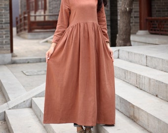 Women Cotton Dress Soft Casual Loose Robes Long Sleeves Shift Dress Boho  Maxi Dresses Customized Dress Plus Size Clothing Linen