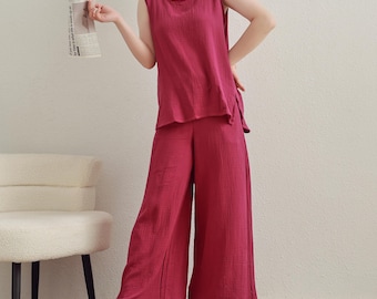 Pure Natural Cotton Sleepwear Double gauze Organic Cotton Pajamas Set Women&#39;s Loungewear, Casual Vintage Homewear Garment Soft Nightwear