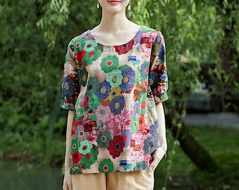 Women Summer Blouse Cotton Tops Half-sleeves Tops Printed Tops Loose Blouse Customized Tops Plus Size Tops Linen