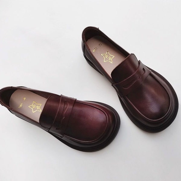 Vintage ladies leather shoes,big toe leather shoes Black burgundy leather shoes Handmade cowhide leather shoes,wide toe flat leather shoes