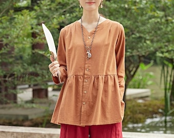 Spring cotton blouse Long sleeves Tops casual loose linen t-shirts tops blouses boho tops customized plus size clothing Fall Shirt Blouse