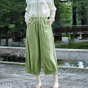 Cropped broek met elastische taille Losse katoenen broek Custom Plus-broek linnen broek met zijzakken lente broek Zomer midi-broek zachte homewear