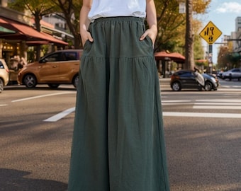 Winter Fall Elastic Waist Thicker Skirt Heavier Cotton Maxi Skirt Loose Skirt Flared pockets Skirt Custom Plus Skirt Boho Skirt Spring