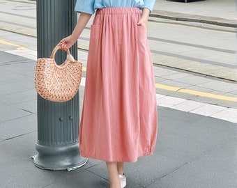Winter Fall Elastic Waist Thicker Skirt Heavier Cotton Maxi Skirt Loose Skirt Flared pockets Skirt Custom Plus Skirt Boho Skirt Spring