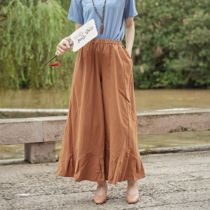 Elastische taille broek wijde pijpen Katoenen losse broek Custom Plus-broek linnen broek zijzakken met zakken lente broek Zomer midi-broek zachte homewear