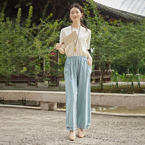 VEKDONE Pantalon Décontracté D'Été Pour Femmes Coupe Ample Pantalon De Plage Taille Haute Avec Cordon De Serrage Jambe Grand Droite Pantalon Palazzo Poches Vert Armée L