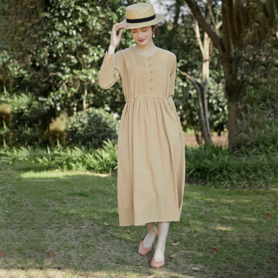 long sleeve cotton dress with pockets Long Sleeves Dress Cotton Shirt Dress Midi Dress Customized Dress Pockets  Dress Plus Dress Loose Spring Fall Dress Casual Loose Soft Robes