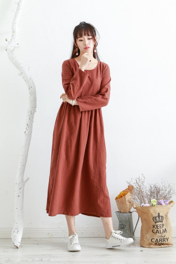 long casual winter dresses Fall Thicker Cotton Dress Loose Soft sleeves Maxi Dress Emerald Satin Folded Off-shoulder Product ID:AP1E212034_AO410_W Size:7 5/8 EU 38) Clothes Length