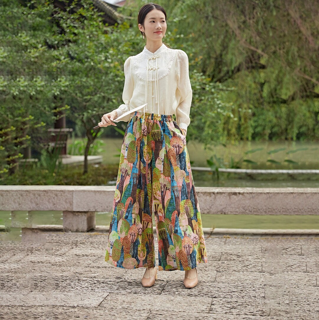 Satin Plant Print Elastic Waist Loose Wide Leg Pants