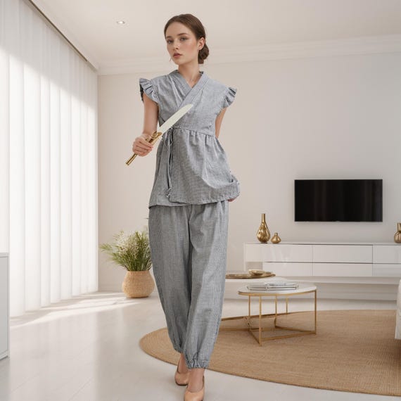 Pure natural cotton pajamas cotton vertical striped pajamas set women s double gauze casual vertical striped home clothes soft loungewear