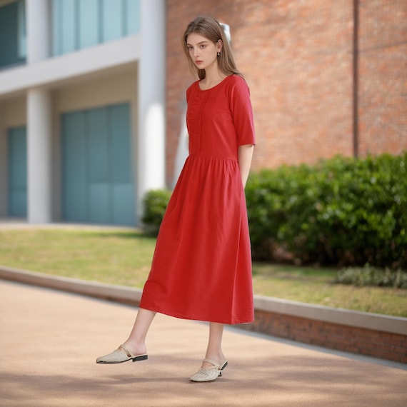 Summer Dress Cotton Dress Casual Loose Tunics Half Sleeves Midi Dress Custom Plus Size Dress Linen A-Line Dress Soft Loungewear Homewear