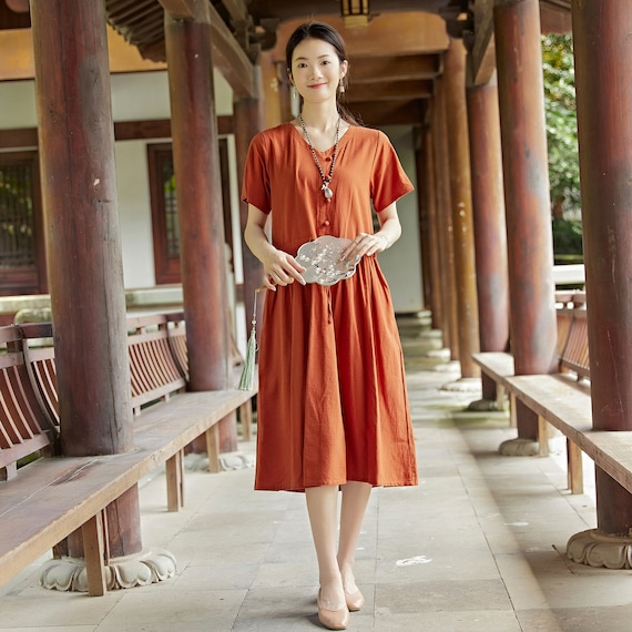 Women Summer Cotton Dress Short Sleeves Dress Knee Dress Pockets Dress A-line Dress Customized Dress Casual Loose