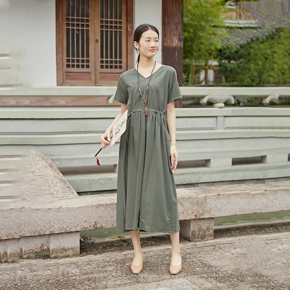 cotton midi dress short sleeve Women's Hisole Crossover Short Sleeved Linen Cotton Midi Dress S/M/L/Customize Green MEAN BLVD Green / L