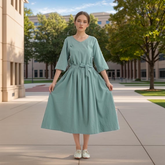 simple cotton midi dress Blue Cotton Poplin Fit and Flare Sleeveless Midi Dress 34" / Petite (5'1" and below)