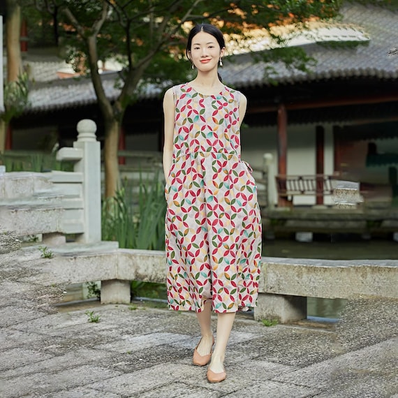 Final Sale Summer Sundress Printed Cotton Dress Sleeveless Midi