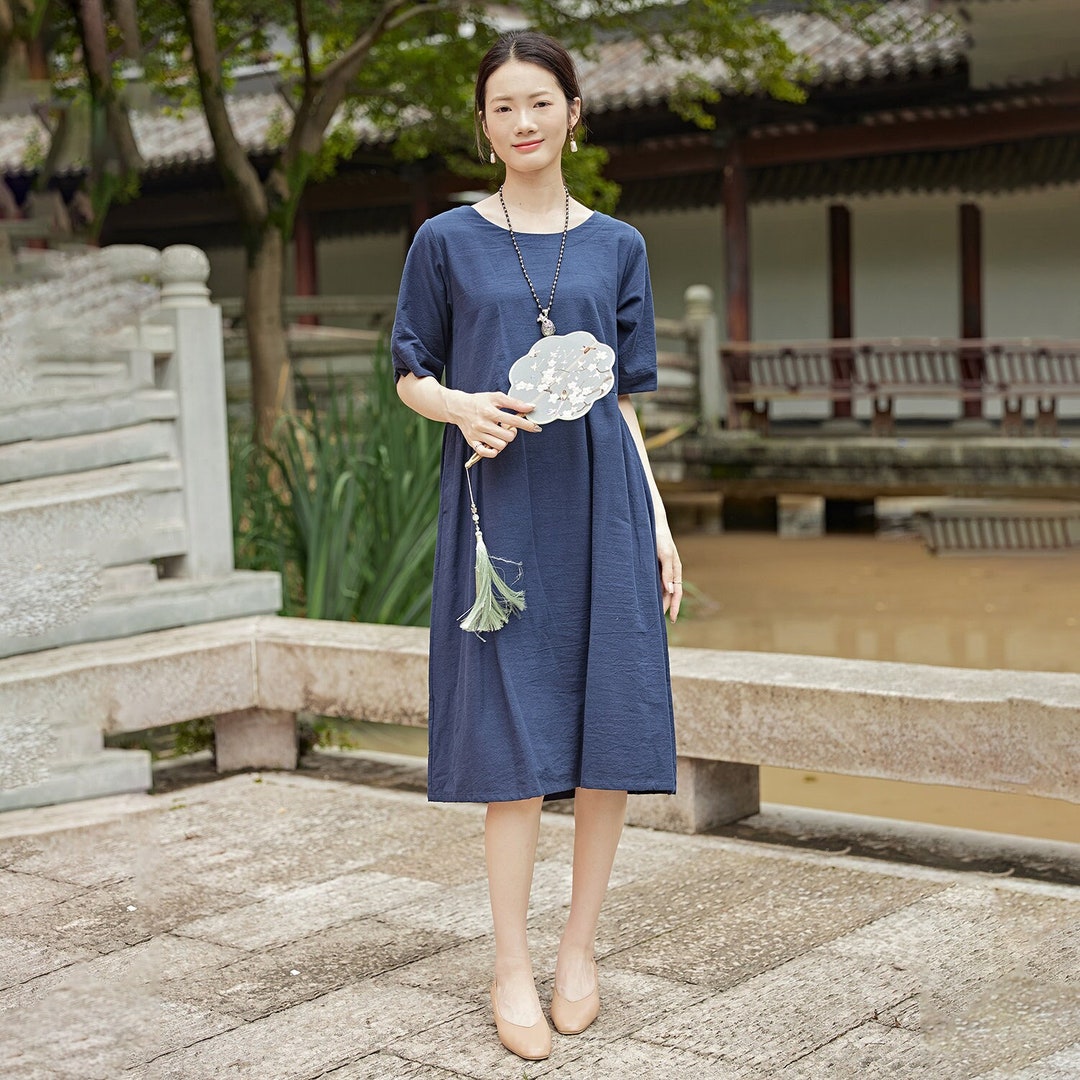 Women Summer Cotton Dress Short Sleeves Dress Knee Dress Pockets Dress A-line Dress Customized Dress Loose