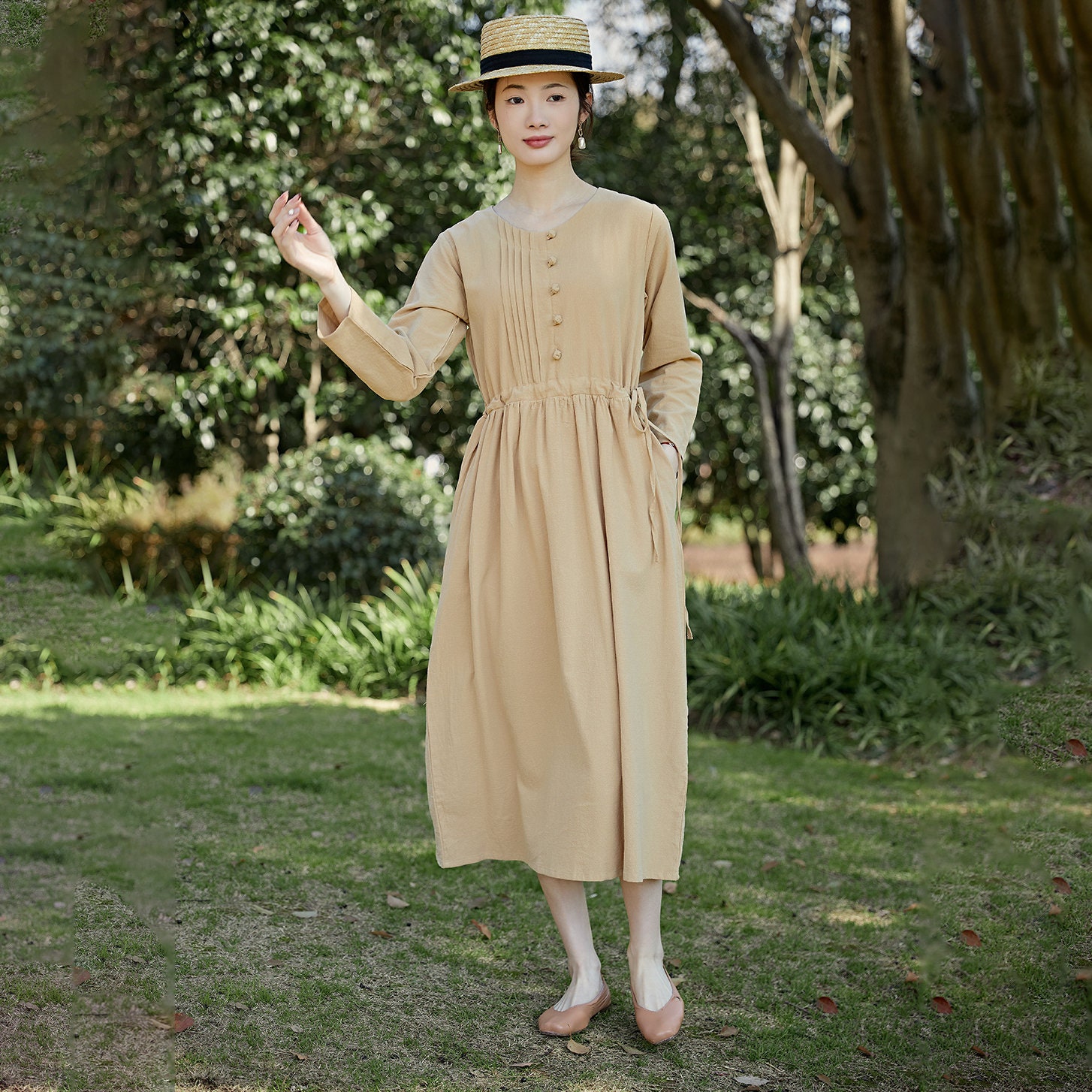 Long Sleeves Dress Cotton Shirt Dress Midi Dress Customized Dress Pockets Dress Plus Dress Loose Spring Fall Dress Casual Loose Soft Robes