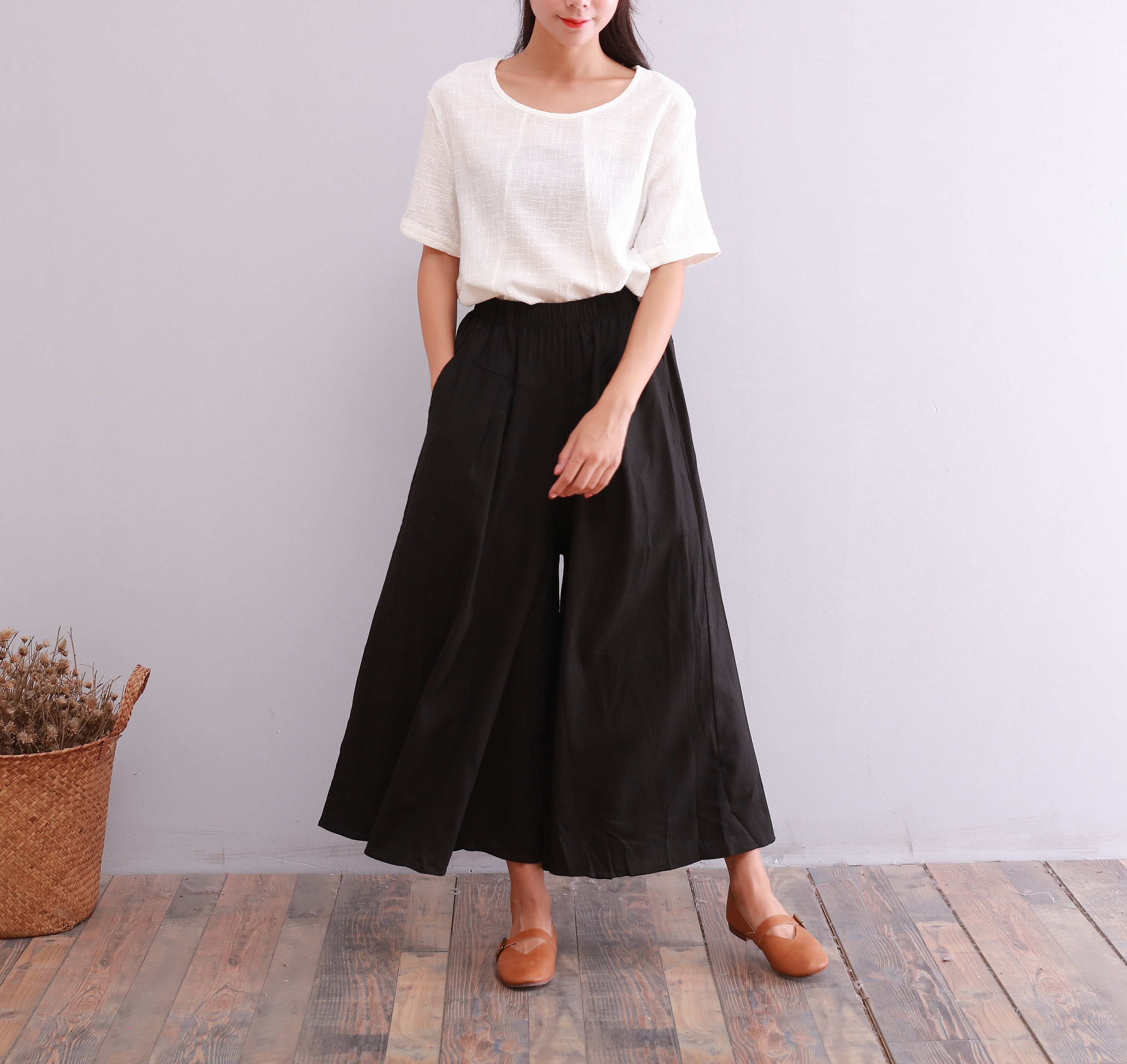 Summer Elastic Waist Cotton Pants Soft Casual Loose Cropped Pant Maxi Trousers Wide Leg Skirt Pant Customized Plus Size Pants Linen Homewear
