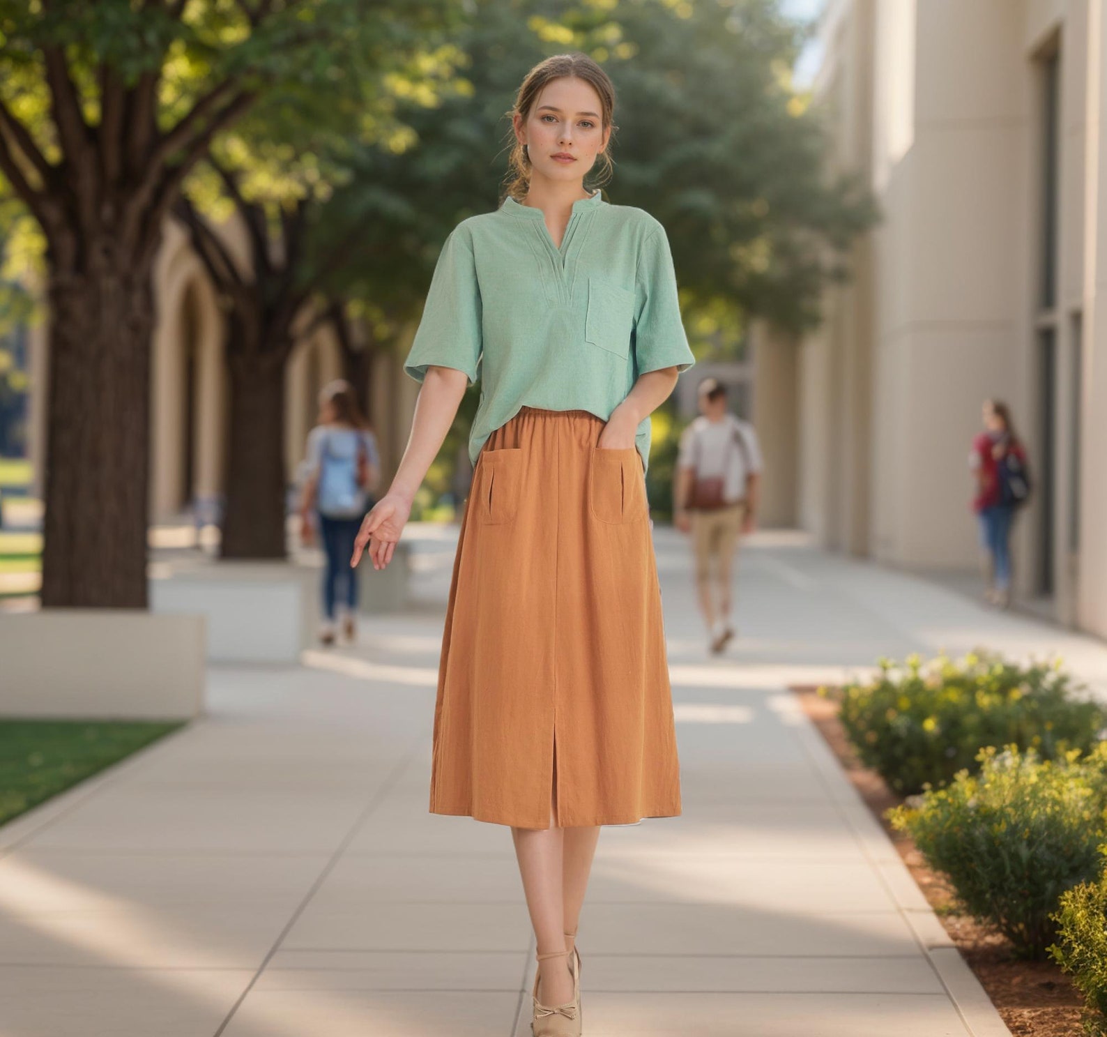 burgundy linen fall new skirts loose elastic waist maxi skirts main image 1